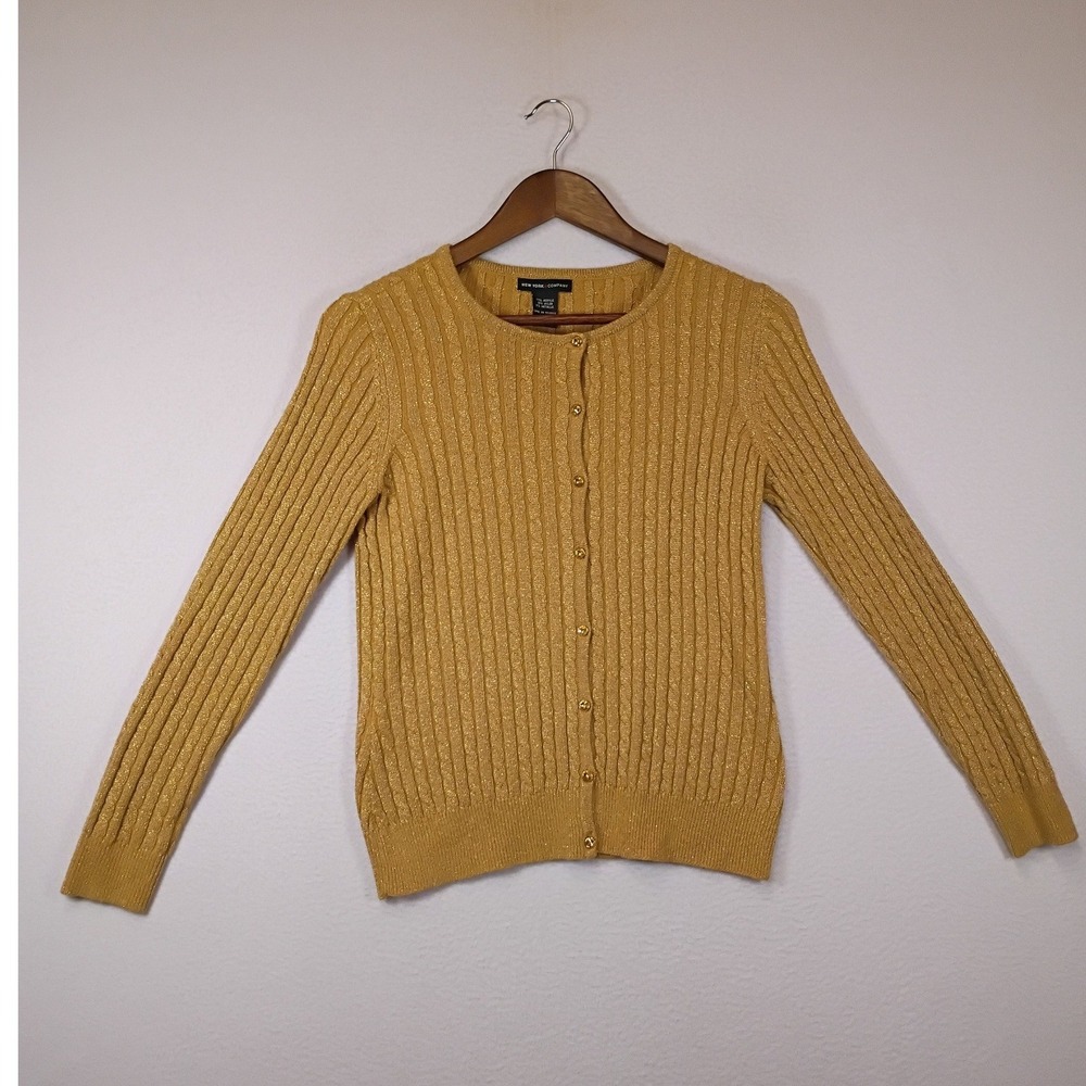 Festive Glam New York & Company Womens Small Gold Metallic Cable Knit Cardigan